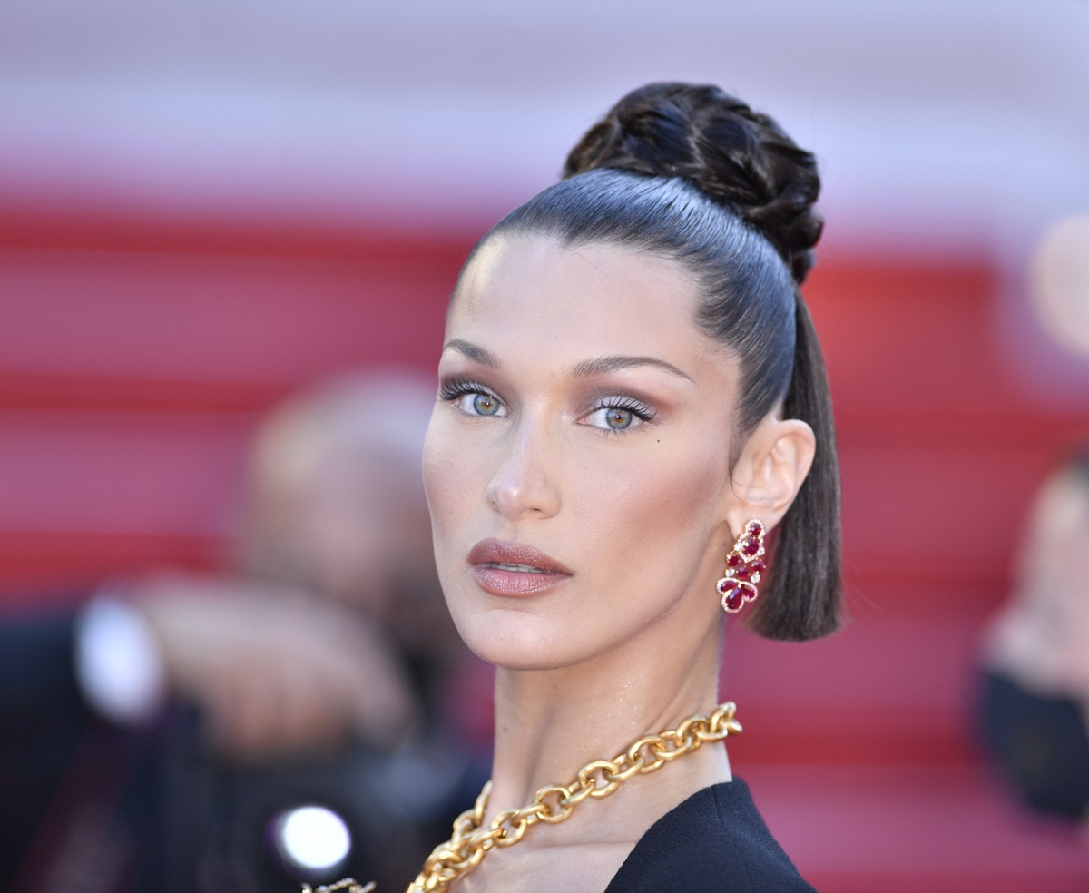 Model Bella Hadid, handbag detail, is seen on July 01, 2021 in