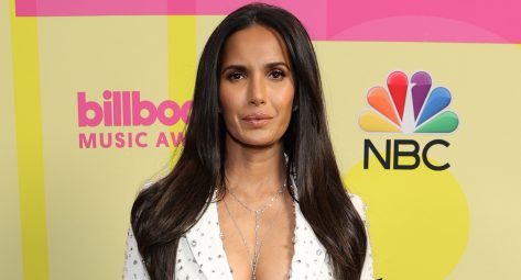 Padma Lakshmi in Little Green Dress Stuns While Drinking Milkshake