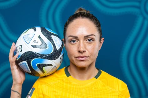 BRISBANE, AUSTRALIA - JULY 17: Kyah Simon of Australia poses for a portrait during the official FIFA Women's World Cup Australia & New Zealand 2023 portrait session on July 17, 2023 in Brisbane, Australia. (Photo by Chris Hyde - FIFA/FIFA via Getty Images)