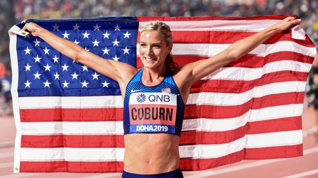 Doha , Qatar - 30 September 2019; Emma Coburn of USA after finishing second in the Women's 3000m Steeple-Chase during day four of the World Athletics Championships 2019 at the Khalifa International Stadium in Doha, Qatar. (Photo By Sam Barnes/Sportsfile via Getty Images)