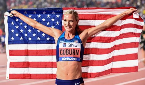 Doha , Qatar - 30 September 2019; Emma Coburn of USA after finishing second in the Women's 3000m Steeple-Chase during day four of the World Athletics Championships 2019 at the Khalifa International Stadium in Doha, Qatar. (Photo By Sam Barnes/Sportsfile via Getty Images)
