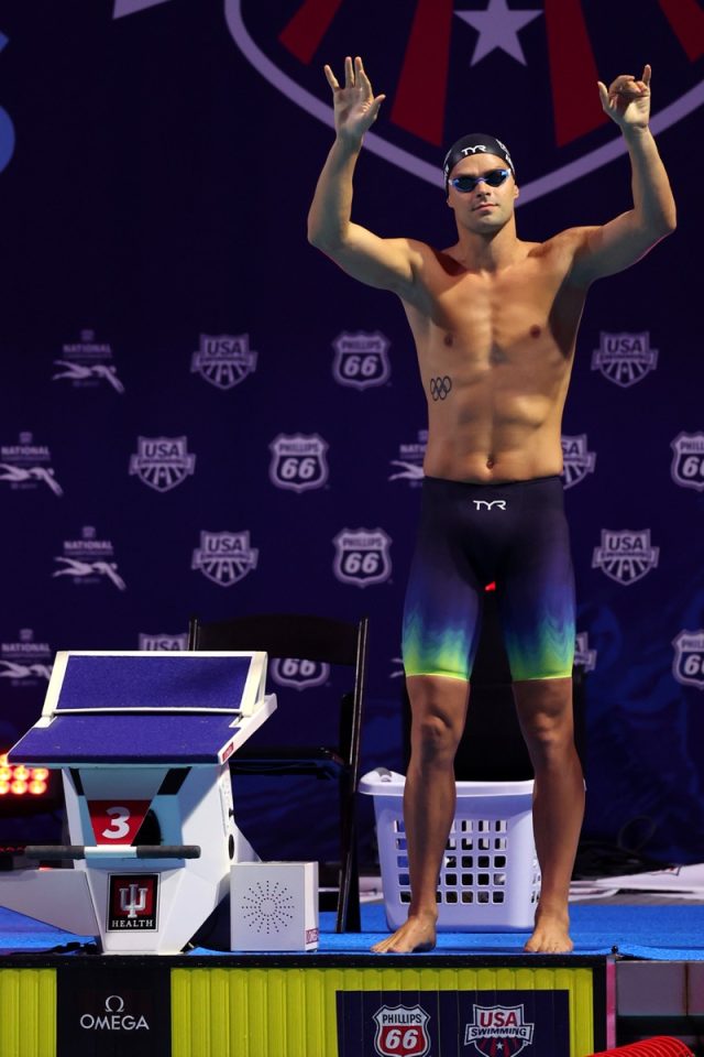 INDIANAPOLIS, INDIANA - JULY 01: Michael Andrew is announced before competing in the Men's 50m Freestyle final on day five of the Phillips 66 National Championships at Indiana University Natatorium on July 01, 2023 in Indianapolis, Indiana. (Photo by Maddie Meyer/Getty Images)