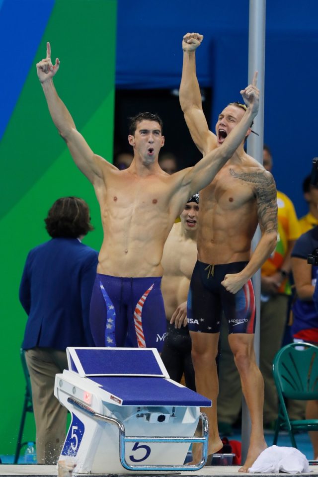 Rio de Janeiro, Brazil 08.07.2016: USA team wins Rio 2016 Olympic Games 4 x 100m freestyle relay swim. Michael Phelps, Nathan Adrian, Ryan Held, Caeleb Dressel scores gold medal swimming competition