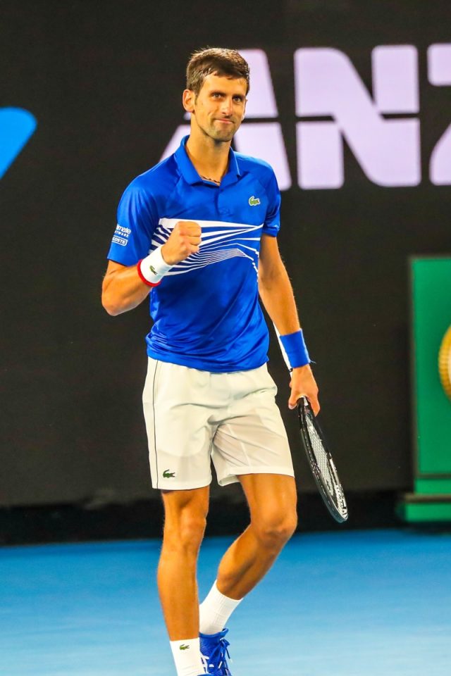 MELBOURNE, AUSTRALIA - JANUARY 25, 2019: 14 time Grand Slam Champion Novak Djokovic celebrates victory after his semi-final match at 2019 Australian Open in Melbourne Park