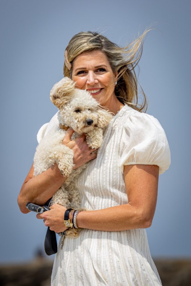 THE HAGUE, NETHERLANDS - JUNE 30: Queen Maxima of The Netherlands with her dog Mambo attends the Dutch Royal Family Summer Photocall at Zuiderstrand on June 30, 2023 in The Hague, Netherlands. (Photo by Patrick van Katwijk/WireImage) *** Local Caption *** Queen Maxima