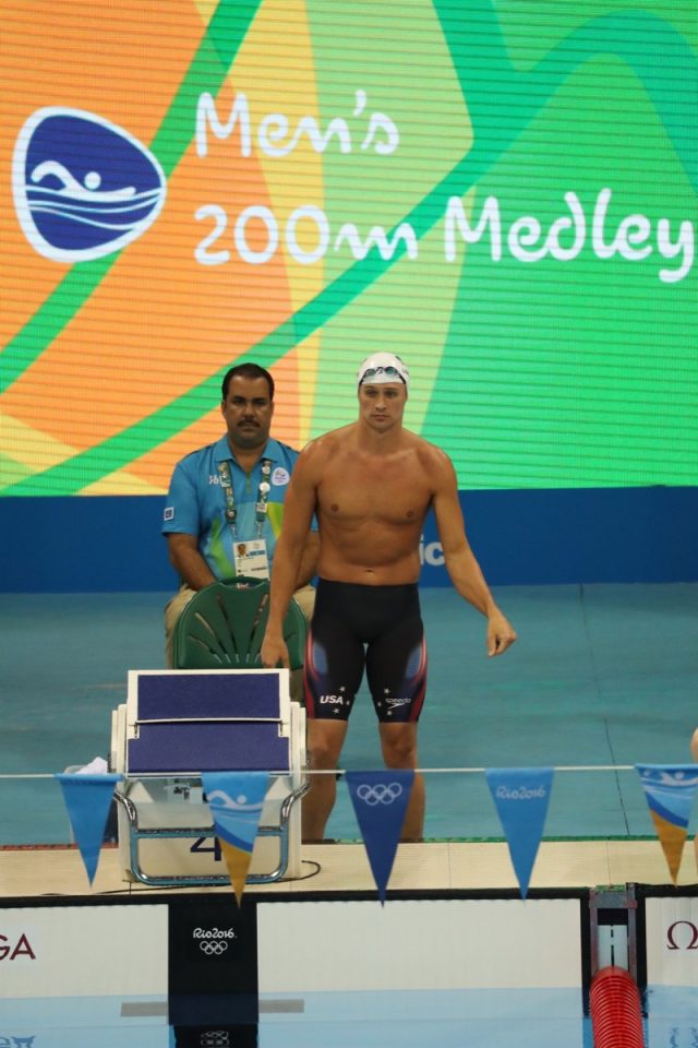 RIO DE JANEIRO, BRAZIL - AUGUST 10, 2016: Olympic champion Ryan Lochte of United States before the Men's 200m individual medley relay of the Rio 2016 Olympic Games at the Olympic Aquatics Stadium