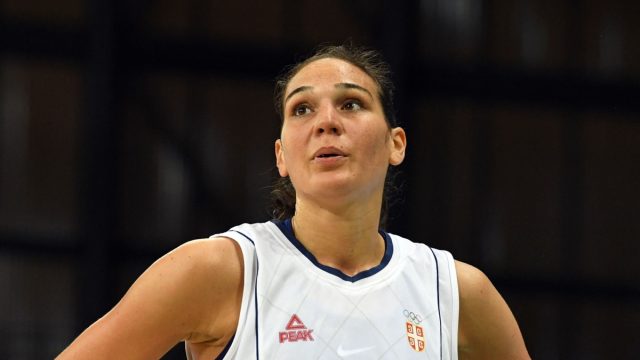 Serbia's forward Sonja Petrovic reacts after defeating China during a Women's round Group B basketball match between Serbia and China at the Youth Arena in Rio de Janeiro on August 12, 2016 during the Rio 2016 Olympic Games. (Photo by Mark RALSTON / AFP) (Photo by MARK RALSTON/AFP via Getty Images)