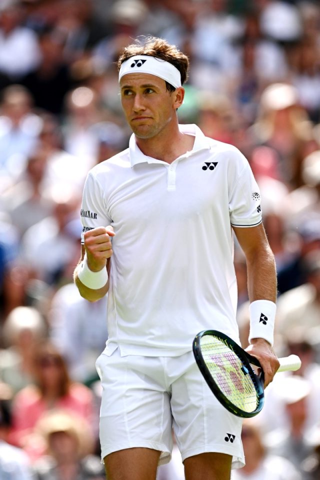 LONDON, ENGLAND - JULY 06: Casper Ruud of Norway reacts against Liam Broady of Great Britain in the Men's Singles second round match during day four of The Championships Wimbledon 2023 at All England Lawn Tennis and Croquet Club on July 06, 2023 in London, England. (Photo by Mike Hewitt/Getty Images)