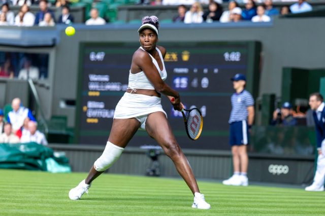 LONDON, ENGLAND - JULY 3. Venus Williams of the United States in action against Elina Svitolina of Ukraine in the Ladies' Singles first round match on Centre Court during the Wimbledon Lawn Tennis Championships at the All England Lawn Tennis and Croquet Club at Wimbledon on July 03, 2023, in London, England. (Photo by Tim Clayton/Corbis via Getty Images)