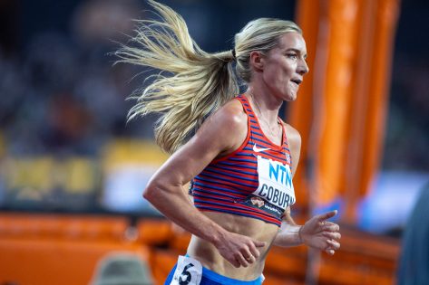 Emma Coburn in Two-Piece Gear is "Get Faster. Getting Stronger."