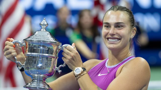 Aryna Sabalenka with the U.S. Open Championship Trophy