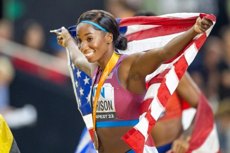 Track and Field Star Keni Harrison in Two-Piece Workout Gear is “Goals”