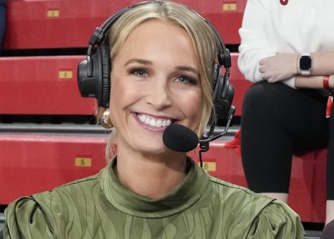NBA Analyst Sarah Kustok in Two-Piece Workout Gear Says "Turn Me Up"
