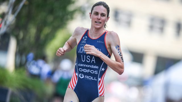 Triathlete Gwen Jorgensen in Two-Piece Workout Gear Does "Lat Pulls"