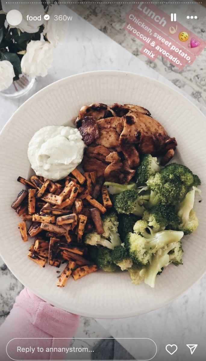 A photo of chicken, sweet potato, broccoli