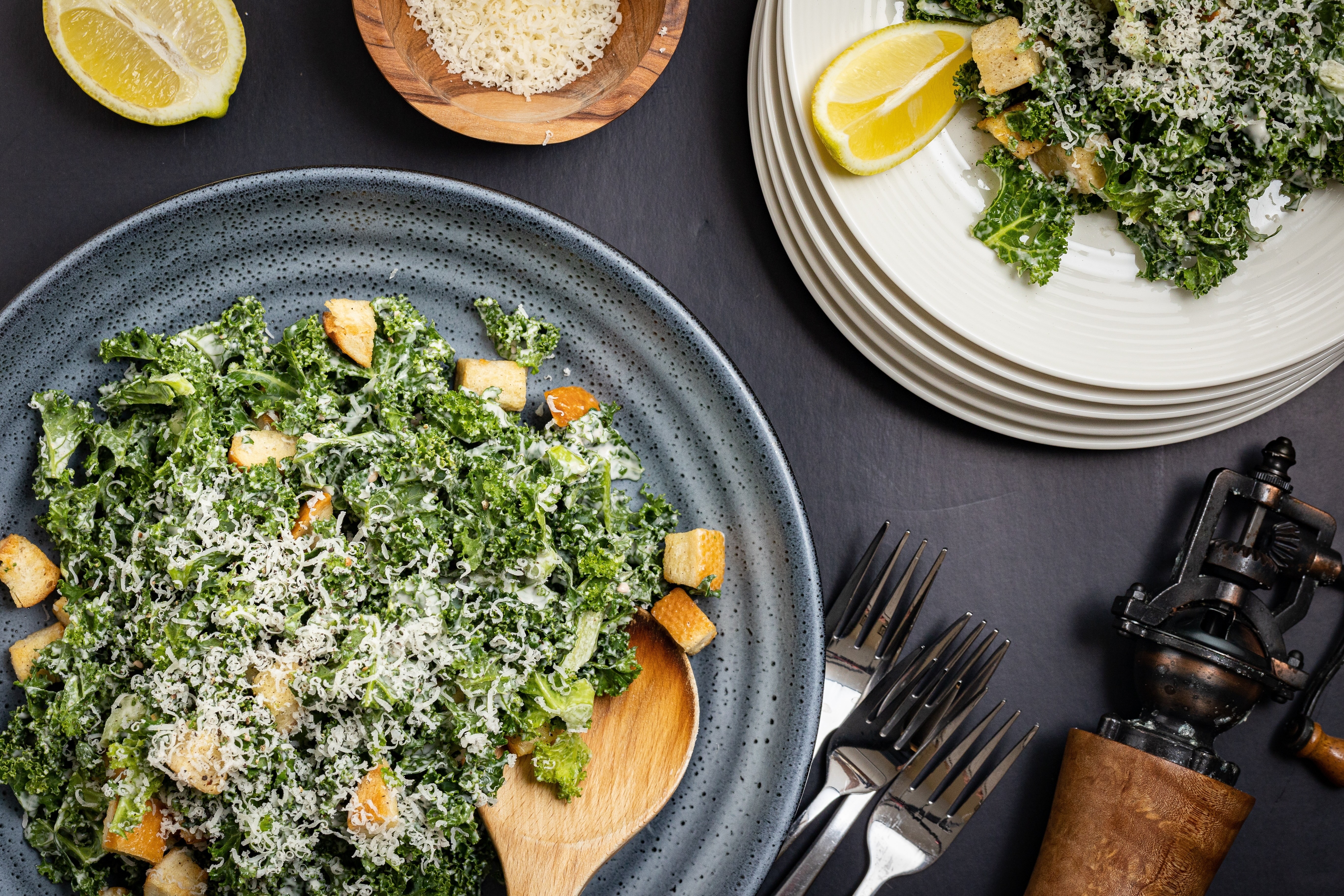 Kale,Cesar,Salad,Served,As,A,Family,Style,In,A