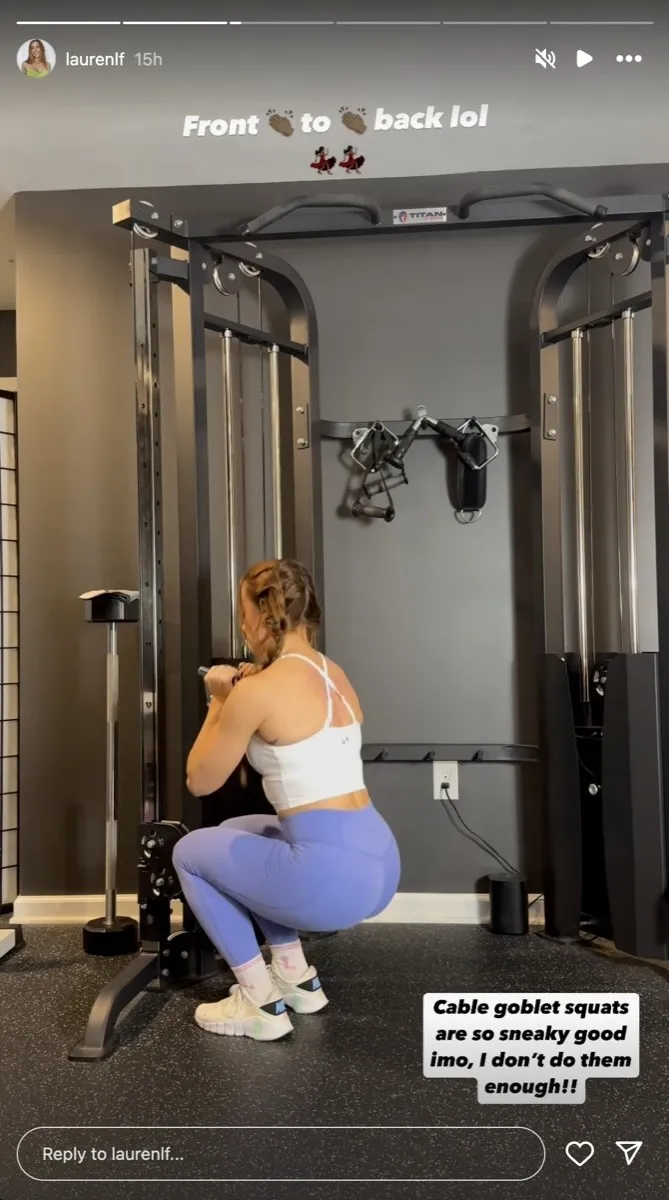 Lauren Findley does cable goblet squats.