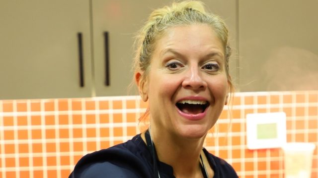 Chef Amanda Freitag In Two-Piece Workout Gear Does Pilates