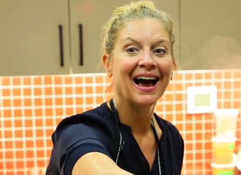 Chef Amanda Freitag In Two-Piece Workout Gear Does Pilates