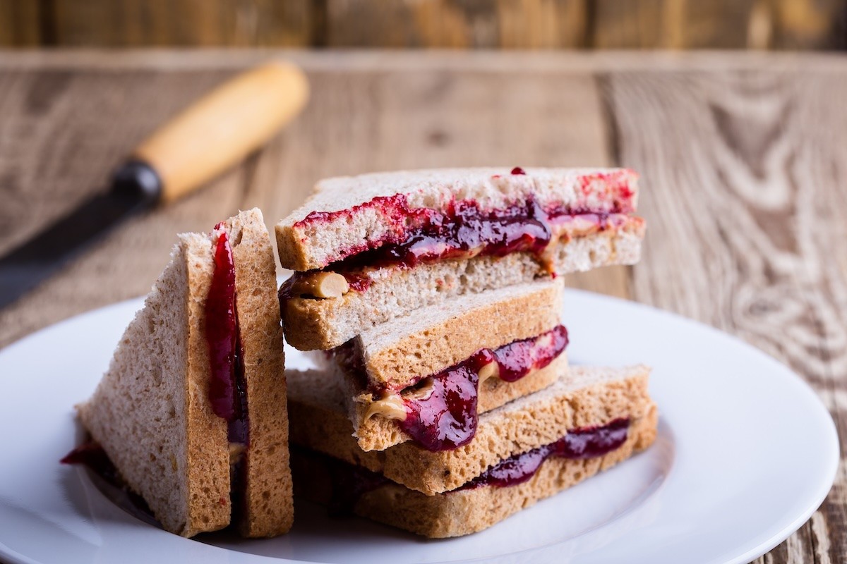 Photo of peanut butter and jam sandwiches.