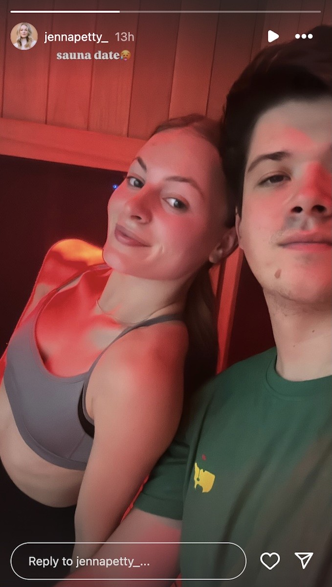 Jenna Petty and fiancé Harrison Burton have a sauna date.