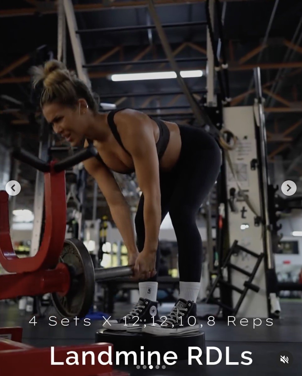 Cass Martin is seen doing Landmine RDL's.