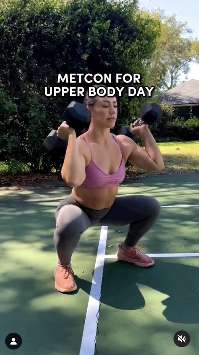 Camille Leblanc-Bazinet is seen using weights during a workout.