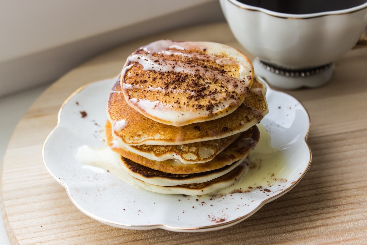 Protein pancakes on white plate.