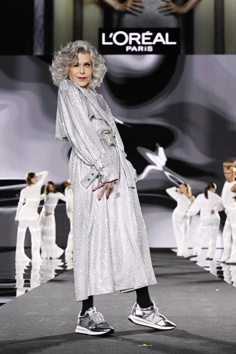 Jane Fonda playfully walks the runway during "Le Défilé L'Oréal Paris – Walk Your Worth" Womenswear Spring-Summer 2025 show