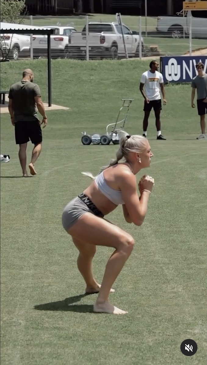 Ida Kathrine Karstoft is seen doing lunges on a field