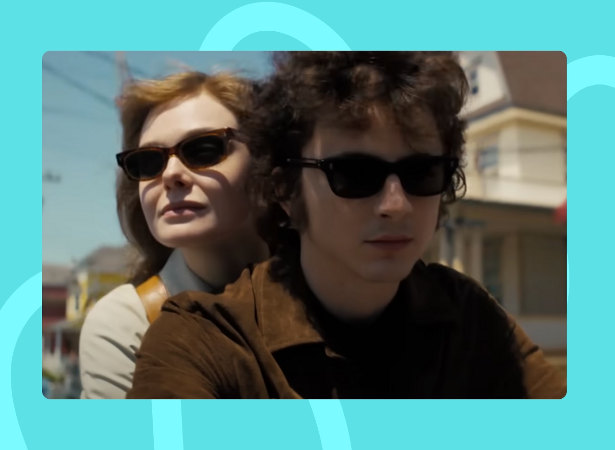 screenshot from 'A Complete Unknown' of Timothée Chalamet channeling Bob Dylan on a motorcycle