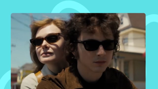 screenshot from 'A Complete Unknown' of Timothée Chalamet channeling Bob Dylan on a motorcycle