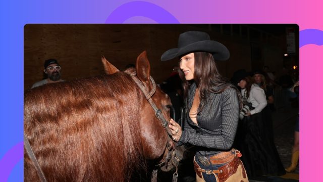 Bella Hadid in cowgirl hat petting a horse