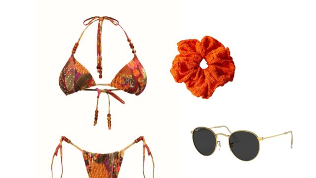 collage of bikini, scrunchie, and sunglasses
