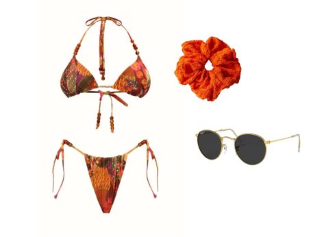 collage of bikini, scrunchie, and sunglasses