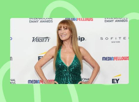 Jane Seymour posing in green sparkly gown