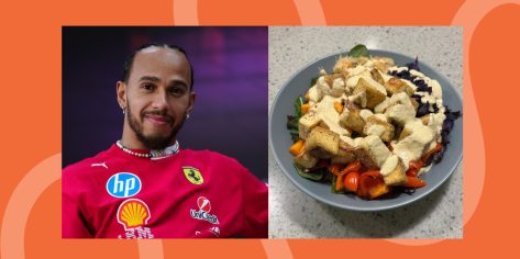 Lewis Hamilton split image with veggie bowl