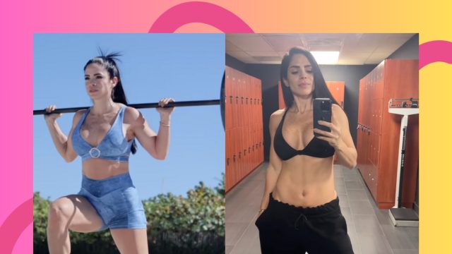 split image of fitness model Michelle Lewin working out on beach and taking mirror selfie