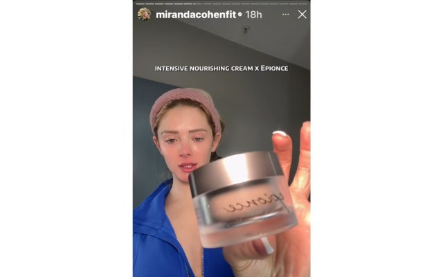 Miranda Cohen holding Epionce cream in Instagram Story