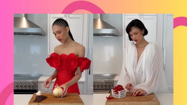 split image of model and TikToker Nara Smith cooking in the kitchen in glamorous outfits