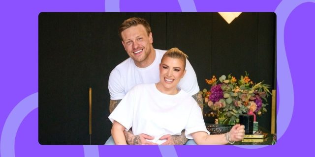 Olivia and Alex Bowen cuddling, smiling, sitting at bar set-up in white tees and jeans