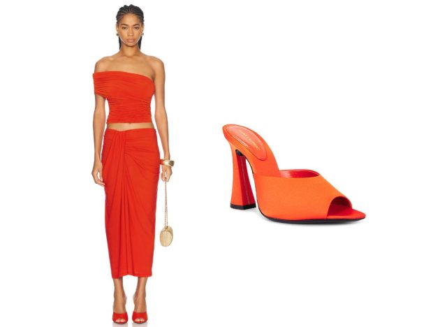 collage of orange coordinating skirt set paired with orange heels