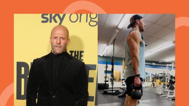 split image of Jason Statham and man training with kettlebells in weight room