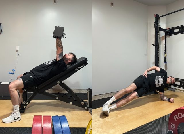 personal trainer doing raised chest presses and side plank in split image