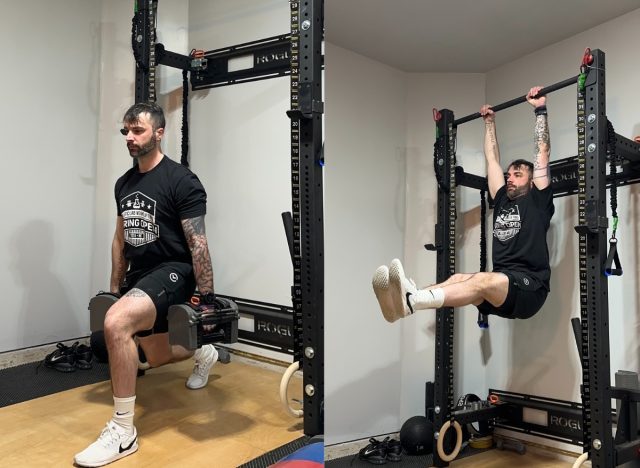 personal trainer doing dumbbell lunges and leg raises in two separate photos