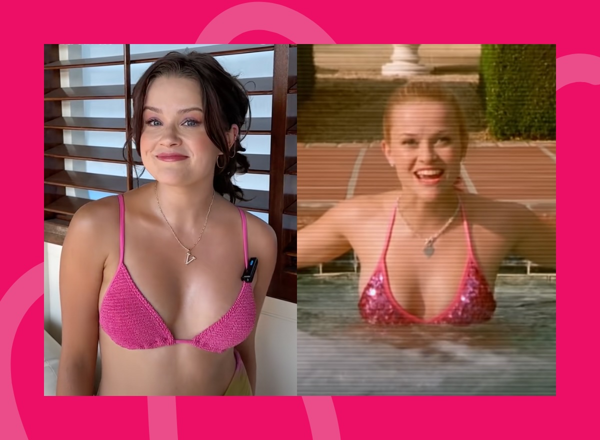 split image of Ava Phillippe and Reese Witherspoon as Elle Woods, both in pink bikinis