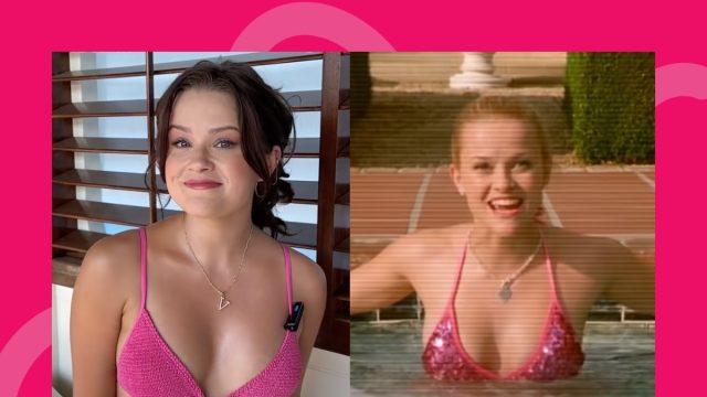 split image of Ava Phillippe and Reese Witherspoon as Elle Woods, both in pink bikinis