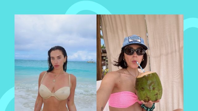 split image of celebrities in bikinis
