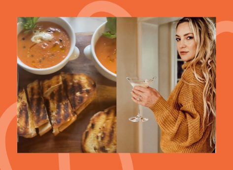 split image of Kate Hudson and her homemade tomato soup