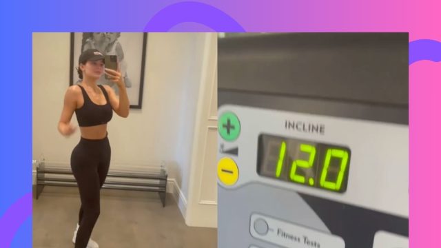 split image of Kylie Jenner taking gym mirror selfie and close-up of treadmill incline setting
